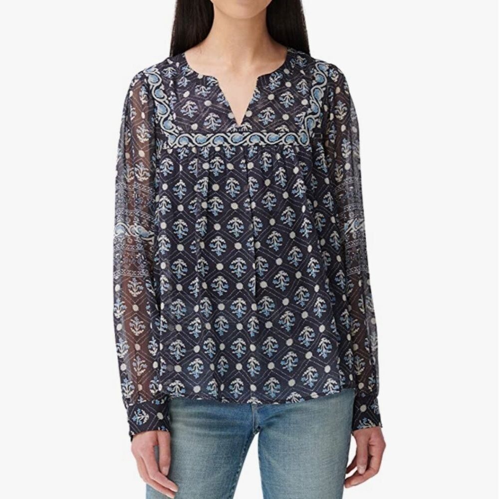 Lucky Brand Blue Long Sleeves Notch Neck Border Print Blouse